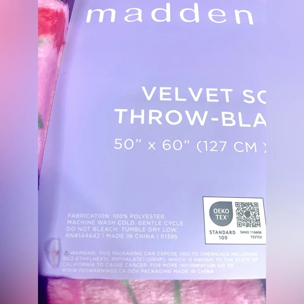 MADDEN GIRL Checkered Cherries Velvet Throw Pink Red Hearts Cherry 50x60 NEW NWT